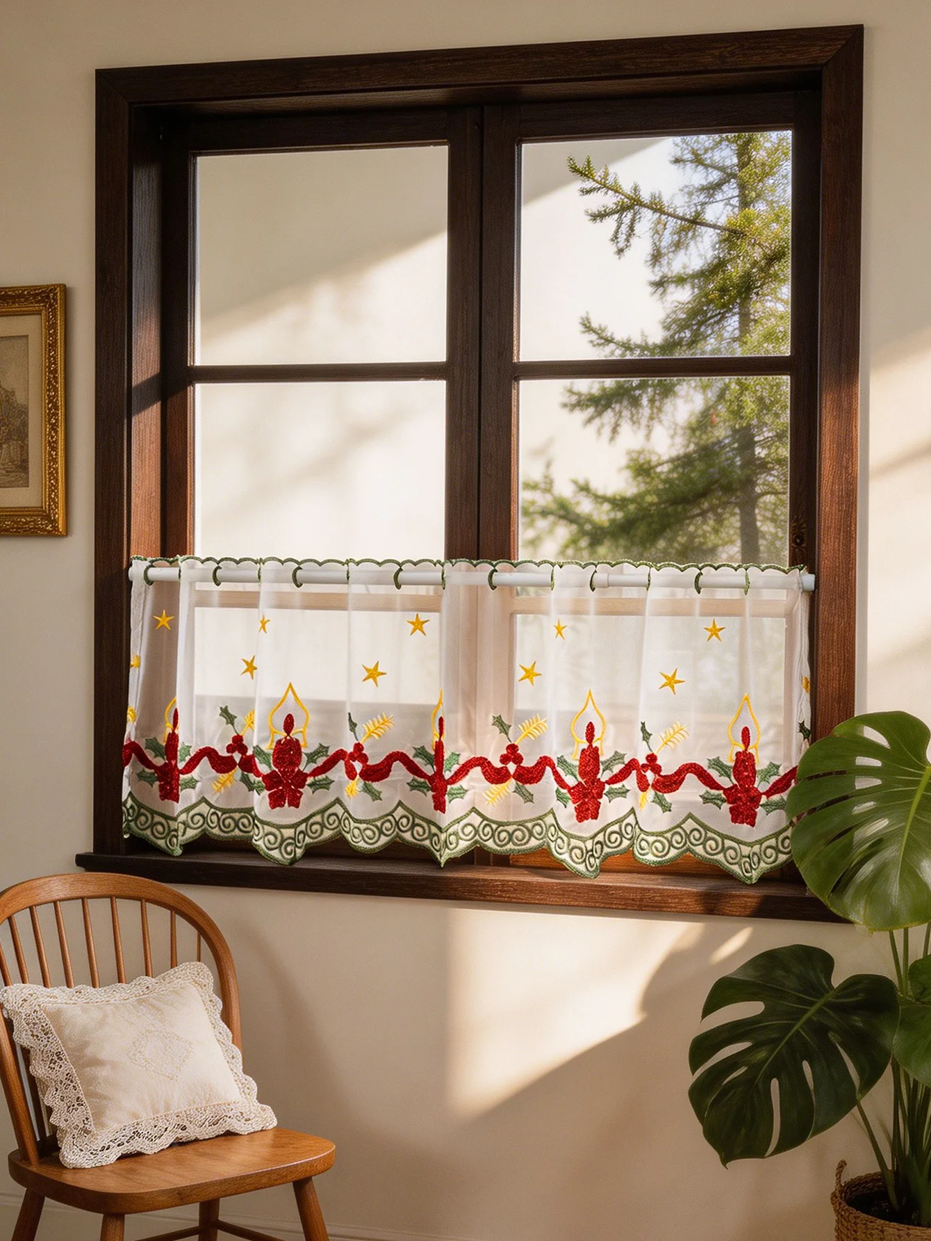 

Vintage Candle Embroidered Sheer Cafe Curtain, Rod Pocket Short Kitchen Valance, Farmhouse Light Filtering Window Curtain
