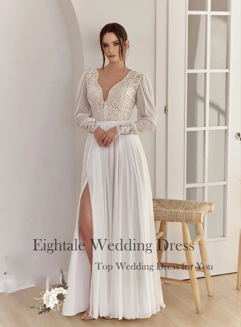 Eightale Bohemian Wedding Dress Lace Long Sleeves A-Line Bridal Gown Chiffon Side Slit Customized Beach Abiti Da Sposa