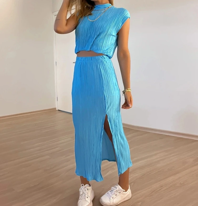 Pleated High Neck Short Shirt High Waist Split Mid Length Halfskirt Two Piece Set of Latest Fashion Hot Selling Women's Clothing