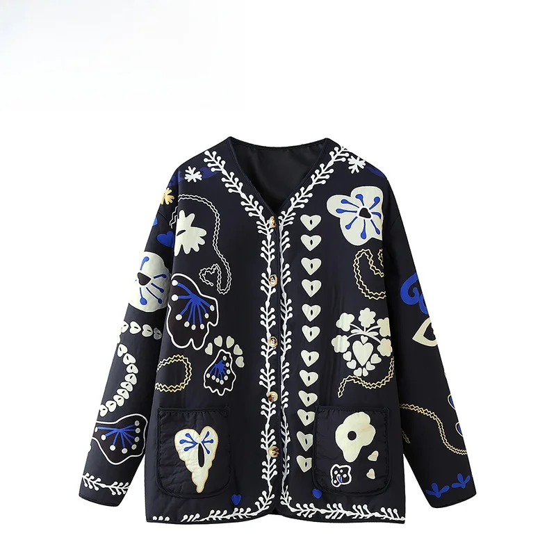 

ZBZA Autumn New Faionable Street Sle Women's Cotton Jaet Printed Casual Outerwear Long Sve V-Ne Single Button