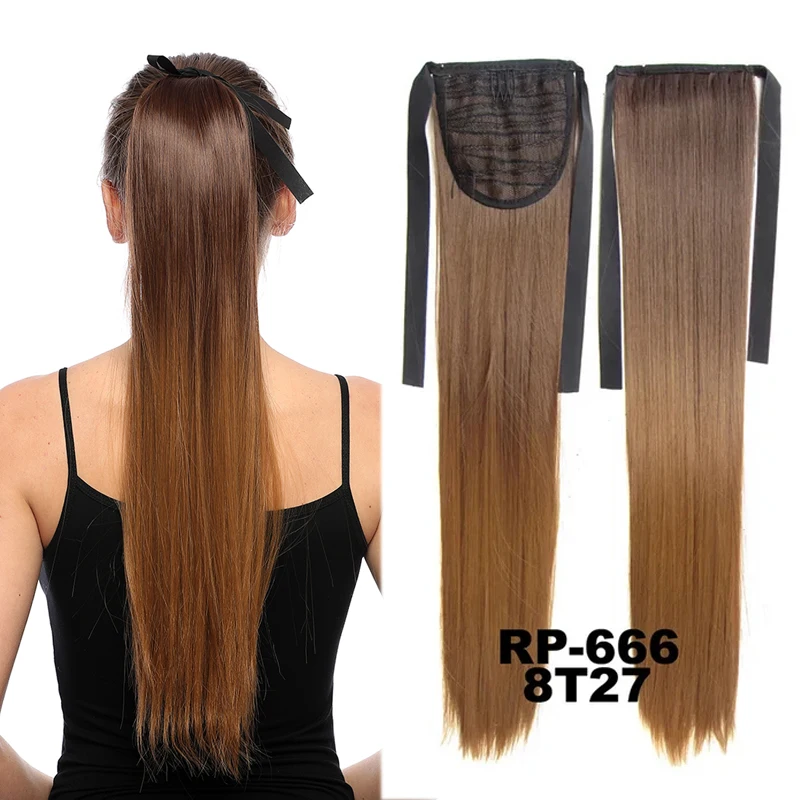 Long Straight Clip on Hair Tail Extension Synthetic Heat Resistant Gradient Color Ponytail Hiarpieces