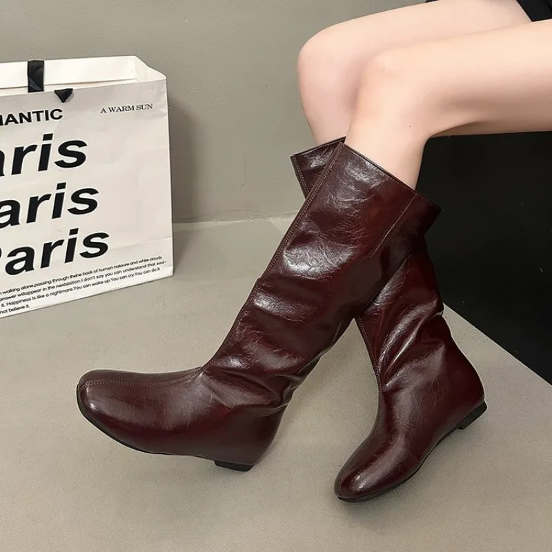 Spring Autumn Square Toe Women Knight High Boots Female Internal Elevation Shoes Ladies Concise Slip On Mordern Long Booties