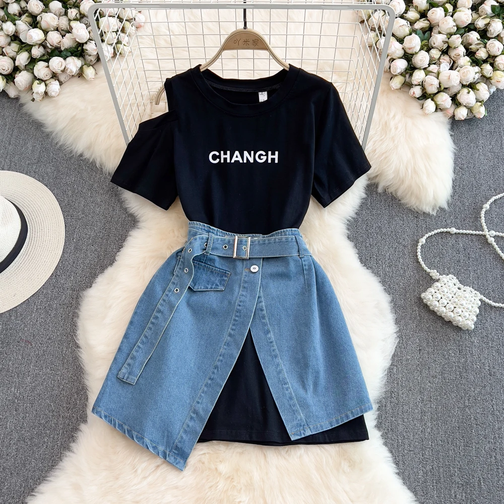 Round Neck Off Shoulder Mid Length T-shirt High Waisted Denim Skirt  Summer Harajuku Short Sleeve Top Slit Skirt 2PCS Set