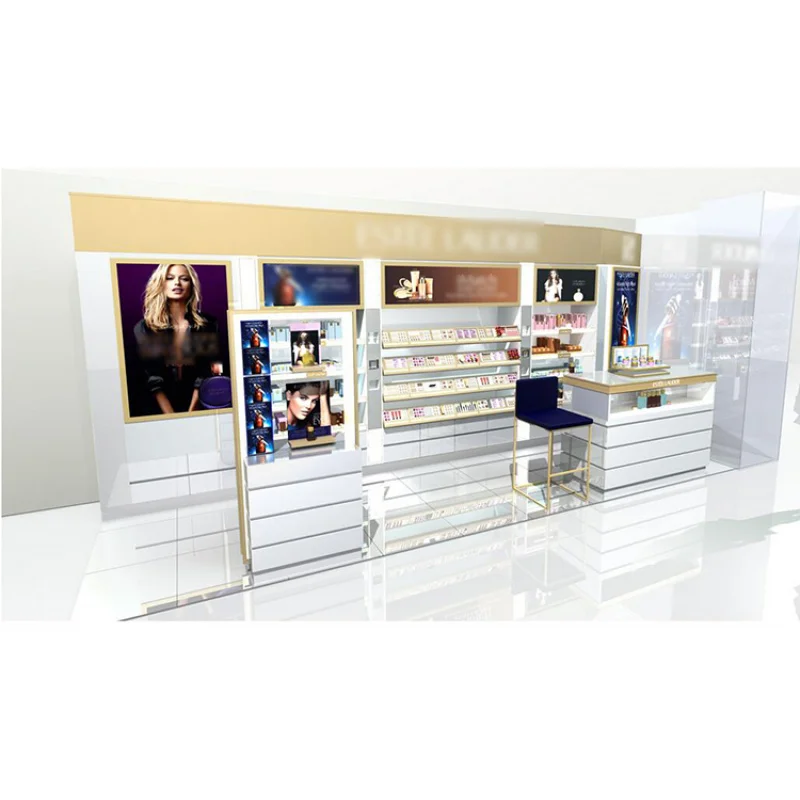 كشك مكياج خشبي مخصص ، تصميم طاولة مستحضرات التجميل ، تصميم المركز التجاري