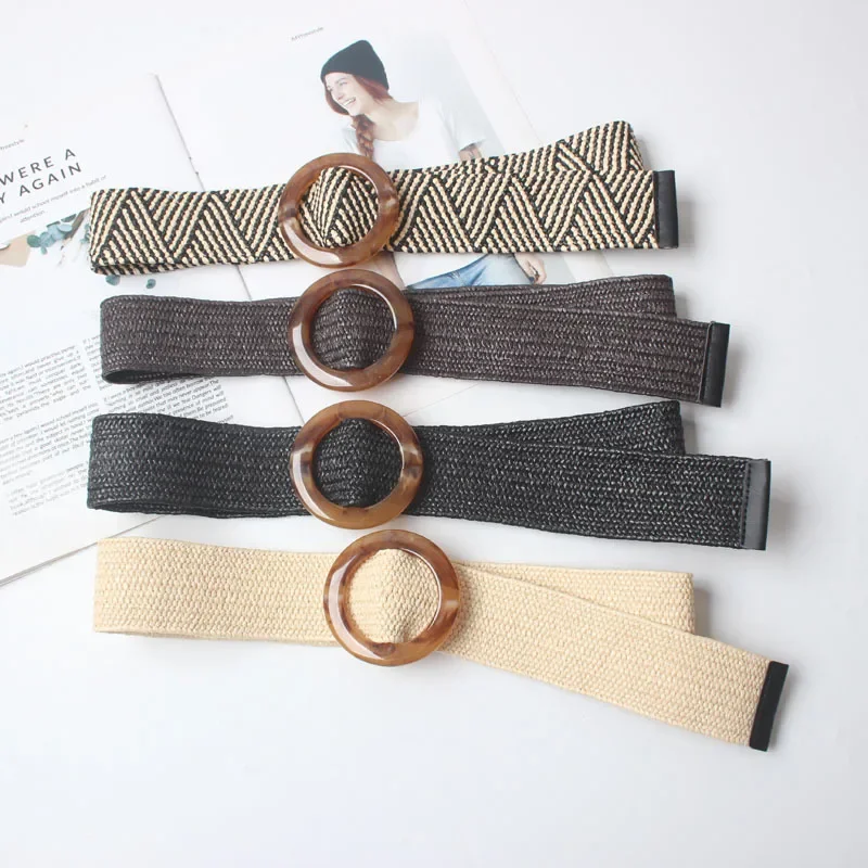 

Wax Rope Braiding women belt Round Buckle Skirt Belt Woman's Vintage Knitted Waist Woven Female Elastic Braided black