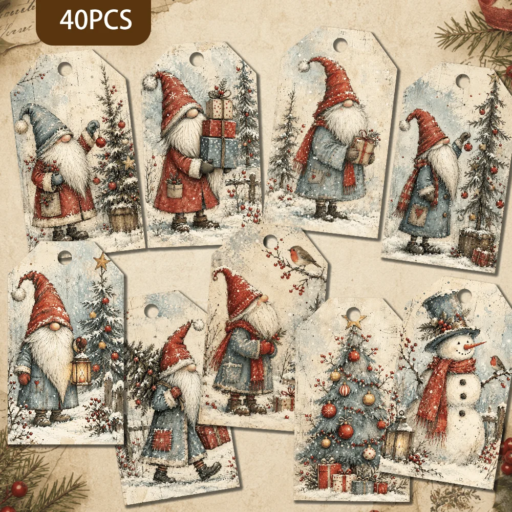 40pcs, Gift Tags, Vintage Gnome Snowman Scene, Hanging Paper Labels for Gift Wrapping, Holiday Party Decor with String