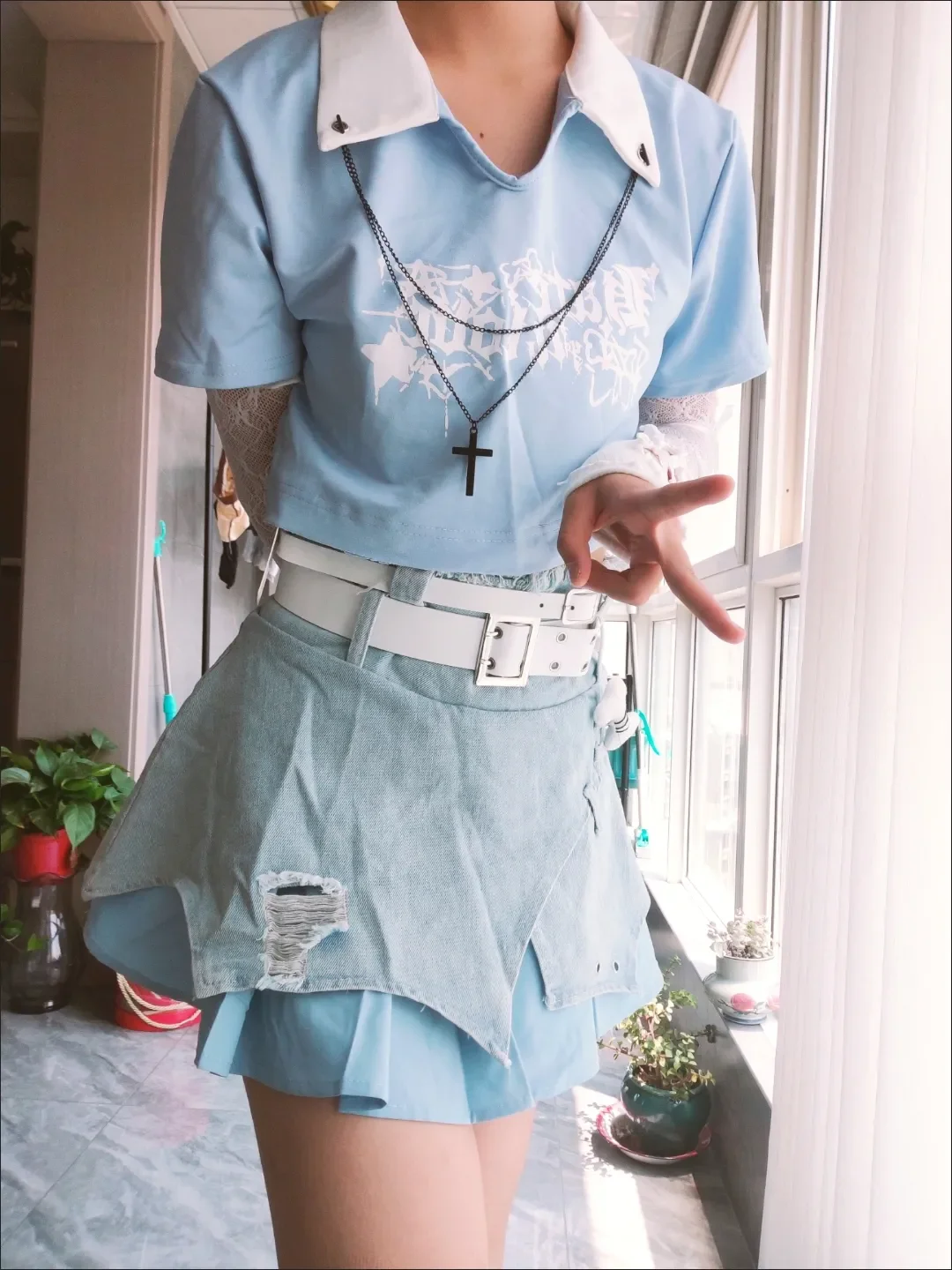 

Летний укороченный топ с воротником «Питер Пэн» American Sweet Cool Spice Girl + джинсовая юбка нестандартной формы + леггинсы, комплекты из 3 предметов, женские костюмы Y2k