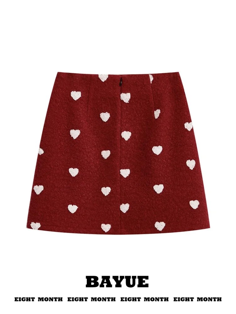 Red Love Heart Lamb Fur  Skirt A-Line Wrap Body Warm Autumn Winter Japanese Style Cute Small Size Women's Skirts