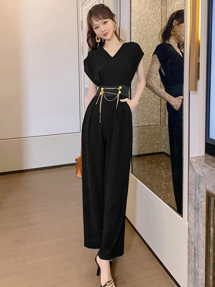 

Summer Fashion Sexy Women Rompers Black Solid V-neck Short Sleeve Metal Chain Decoration Waist Long Wide Leg Pants Femme Office