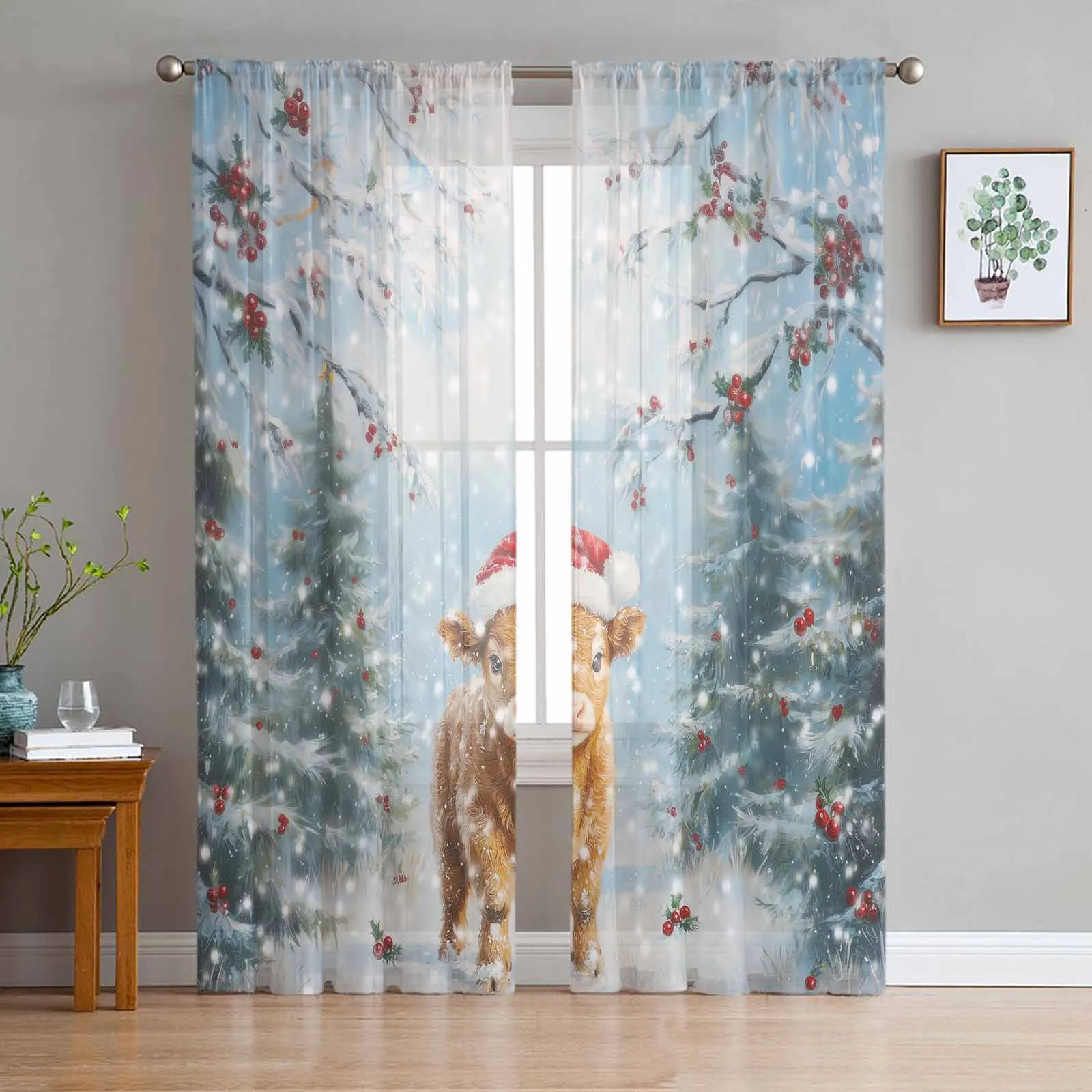 Christmas Highland Cow Pine Tree Bedroom Transparent Sheer Curtains Holiday Decoration Window Voile Tulle Curtain