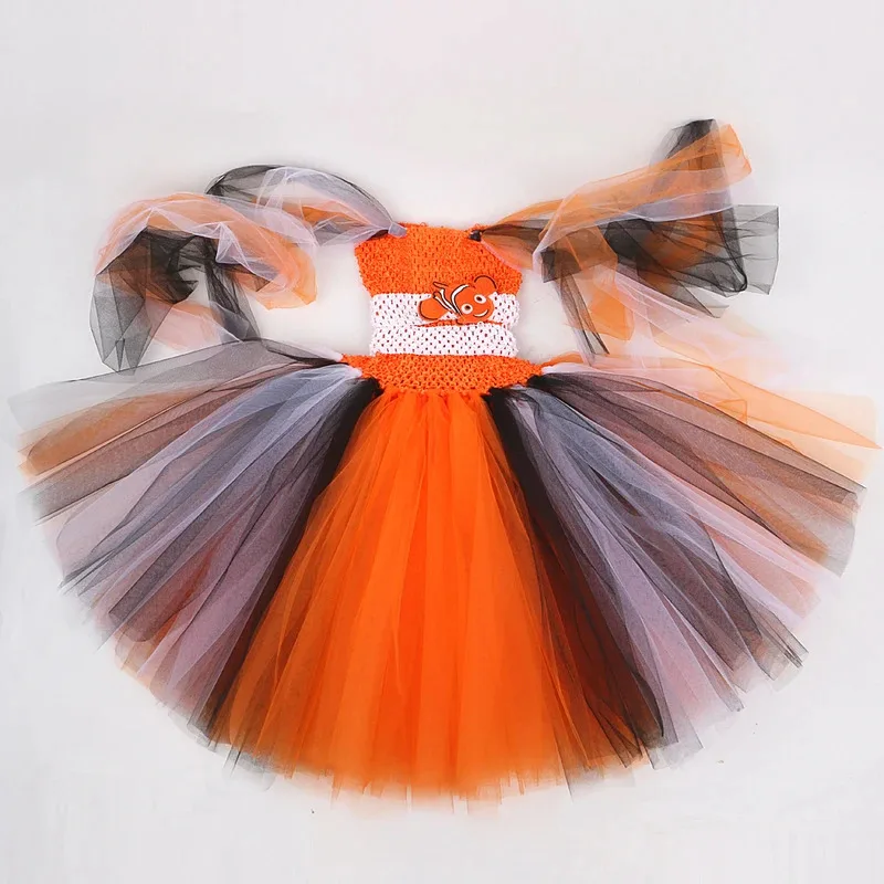 Baby Girls Orange Clownfish Tutu Dress for Kids Ocean Fish Halloween Costumes Child Christmas Birthday Cartoon Outfits with Bow