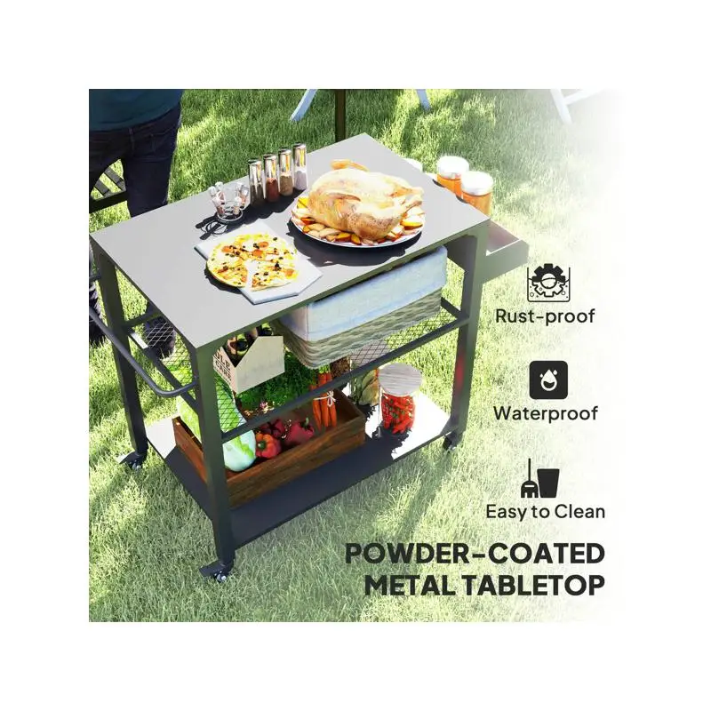 Camping Grill Cart Portable Outdoor Cooking Station with Adjustable Shelves and Storage Space