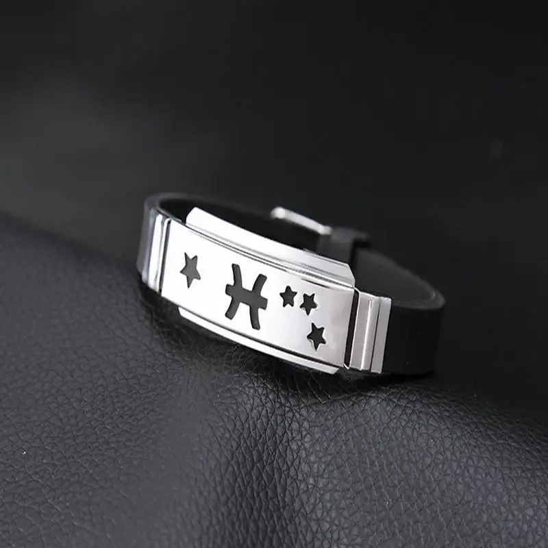 10Pieces Fashion Anime Stainless Steel Sports Bracelet Couple Engraved Silicone Bracelet Gift Zodiac Bracelet