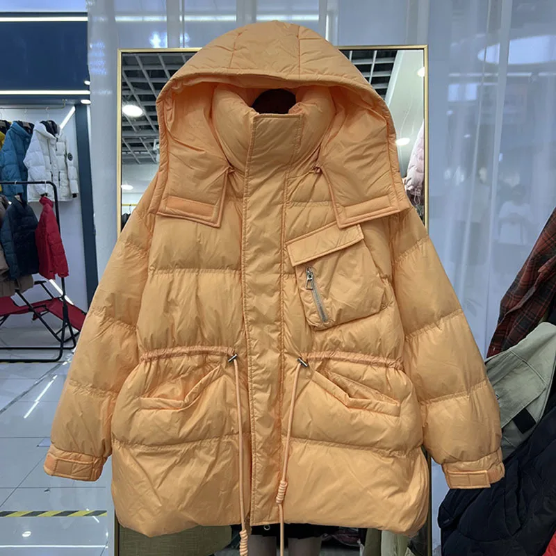 

Winter Women Hooded Short Down Coat Lady Soft Loose 90% White Duck Down Jacket Blue Adjustable Waist Parkas Outwear