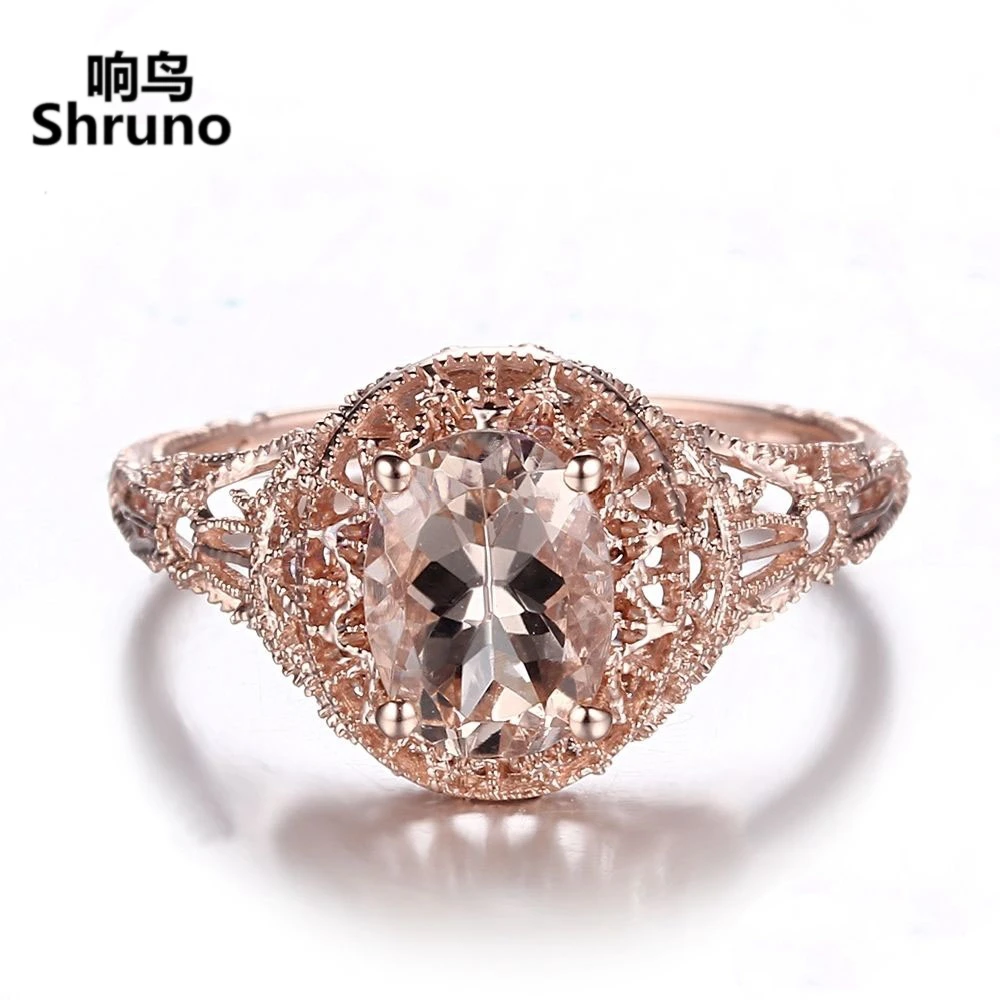 

Shruno Solid 14k AU585 Rose Gold Oval 8X6mm Natural Morganite Gemstone Ring For Women Engagement Vintage Trendy Fine Jewelry