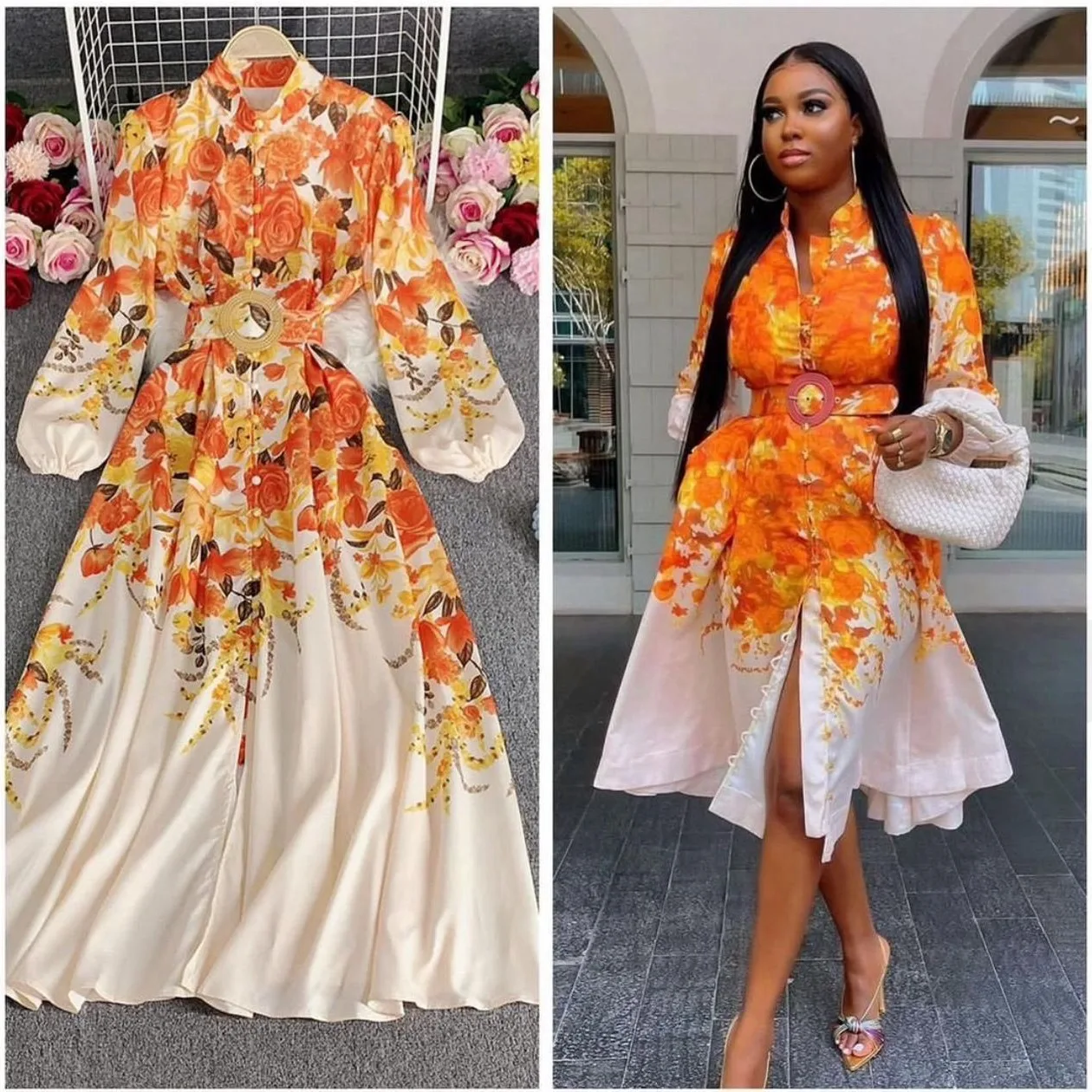 

Women Print Dresses Ankle Length Dress Stand Collar Long Sleeves Single Breasted Waist Cinch Casual Vestidos Y2k 2025 Summer