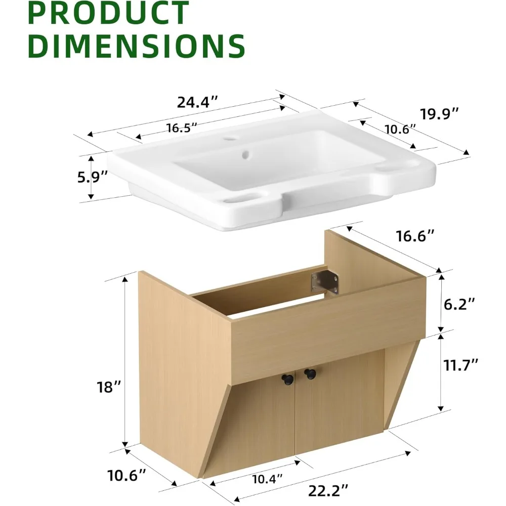 24インチのフローティング洗面台、ADA準拠、モダンな壁掛け式小型洗面台、セラミック製シンク、モダンなハンド＆ミラーキャビネットのコンボ