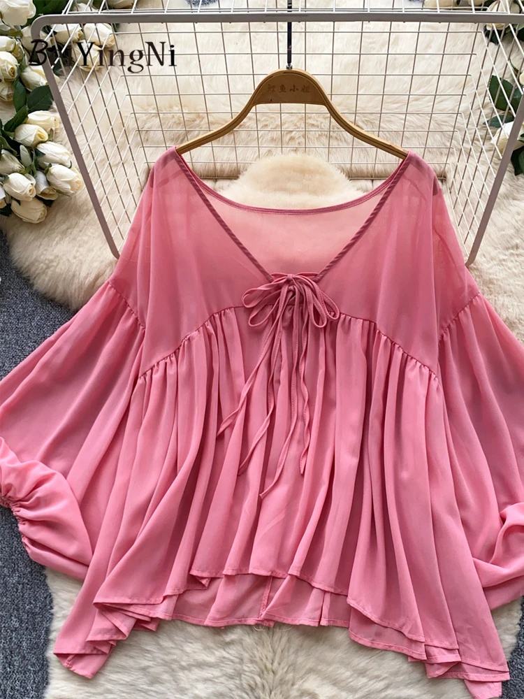 

Женские блузки Beiyingni: весенне-летние однотонные шифоновые топы, элегантные рубашки свободного кроя с плиссировкой, розовые блузы для женщин