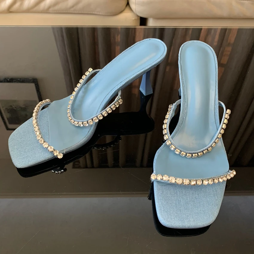 Denim Blue Rhinestone High Heels Women Mules Peep Toe Fashion Slippers Casual Slides Ladies Heeled Sandals Summer Shoes