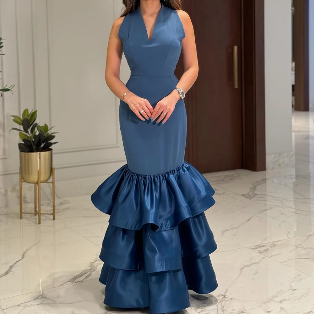 Customized Elegant Jersey Blue Off the Shoulder Evening Dress Modern V-Neck Straight Sleeveless Floor Length Celebrity Gowns