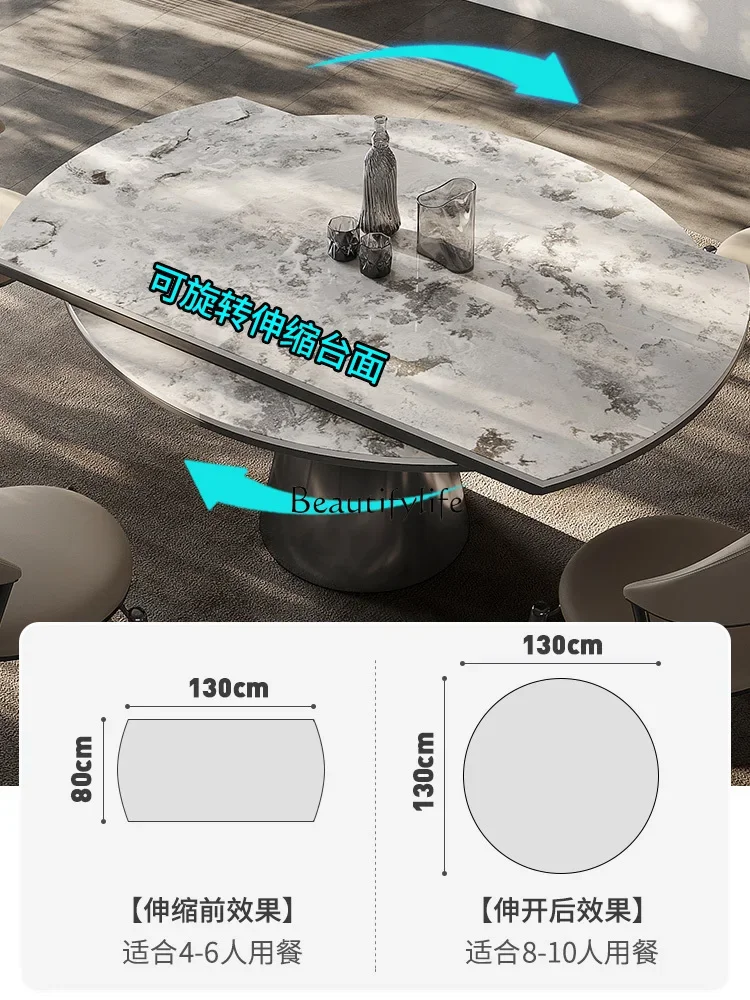 โต๊ะรับประทานอาหารแผ่นหินมุกแบบพับเก็บได้หมุนได้โต๊ะรับประทานอาหารอิตาลีทรงสี่เหลี่ยมหรูหราและทรงกลมอเนกประสงค์