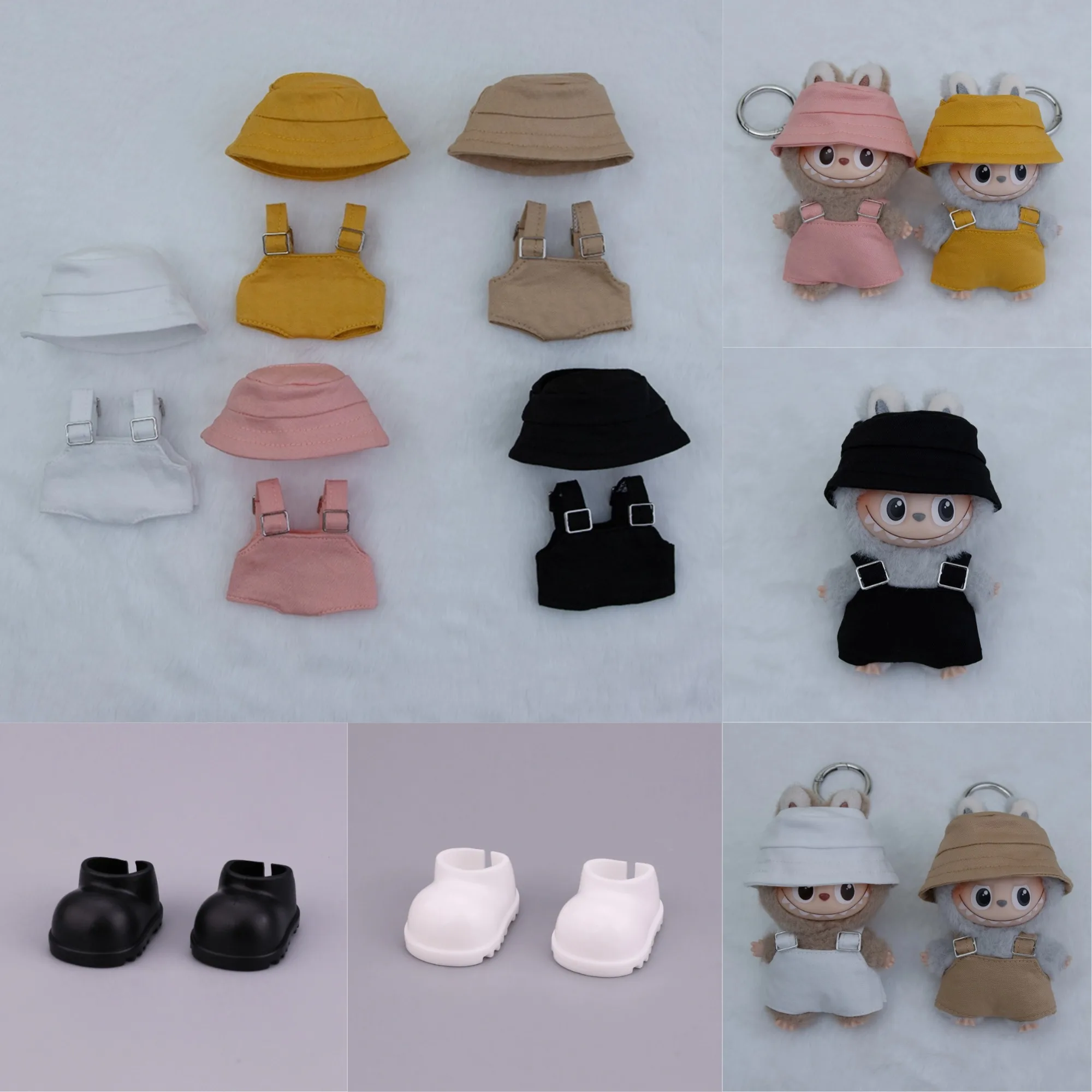

4th Gen Mini Labubu Macaron Color Set, Fisherman Hat & Overalls & Boots Changeable Outfit for 10cm Vinyl Doll