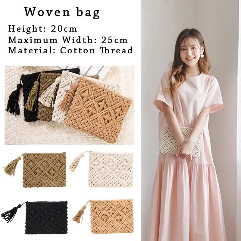 Women\'s Bohemian Style Straw Woven Day Clutches Bags Fashionable Simple Tassel Causal Handbag Vintage Beach Bag For Women Girl