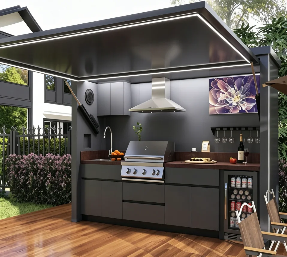 Modular aluminum alloy outdoor kitchen shed, weatherproof outdoor barbecue kitchen cabinet, remote control outdoor kitchen