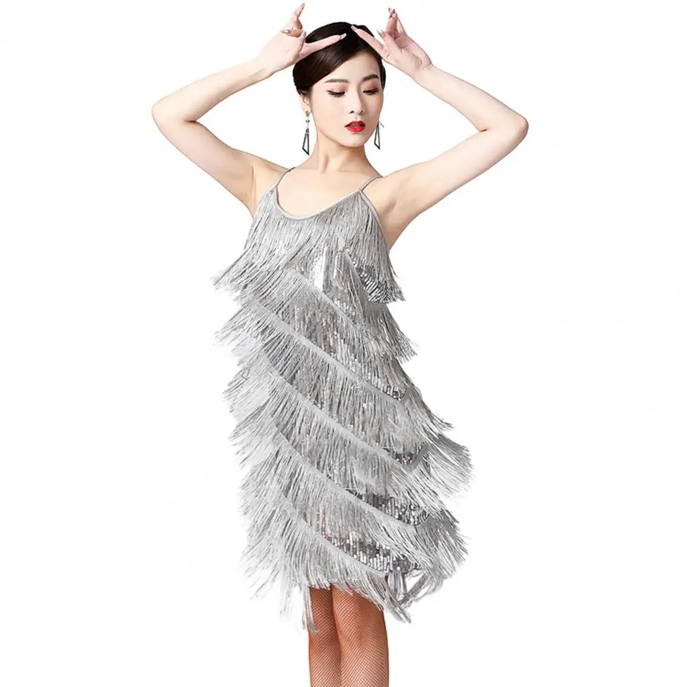 

V-neck Dress Elegant V-neck Tassel Latin Dress Tiered Fringe Flapper Dress Sequin Evening Nightclub Costume for Women Sexy