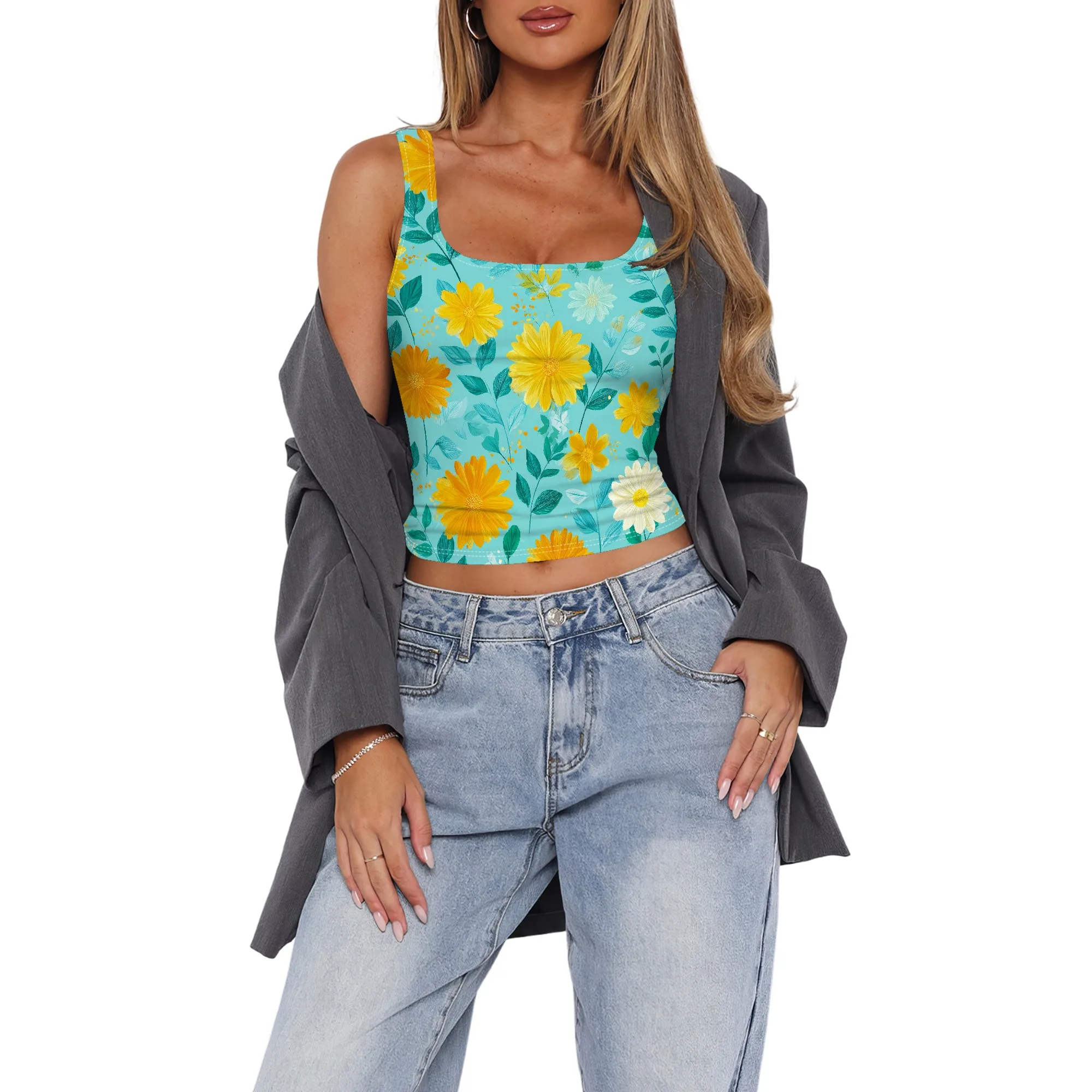 Tank Top Leher Persegi Musim Panas Wanita Ratu Pakaian Tanpa Lengan Kamisol Musim Panas Berusuk Potongan Latihan 2025