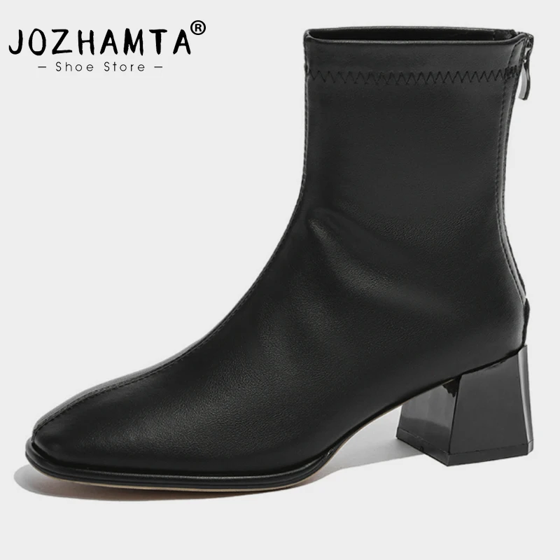 JOZHAMTA Size 35-40 Stretch Ankle Boots For Women Real Leather Chunky High Heels Shoes Fall Winter 2025 Casual Office Lady Dress