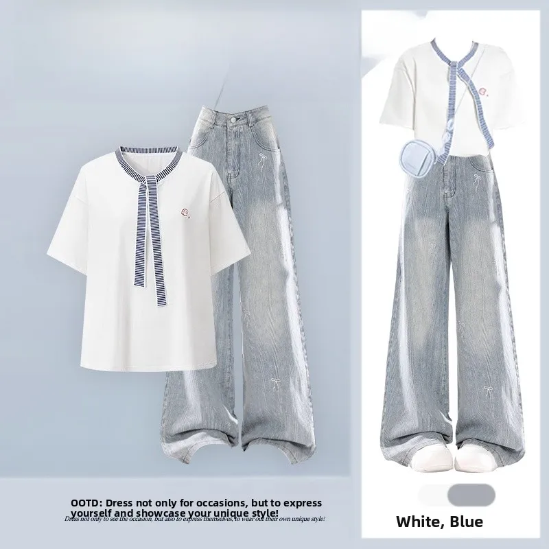 

Summer 2026 Loose Striped Top Shoulder T-Shirt Short Sleeve round Neck Two-Piece Set Casual Versatile Denim Jeans Outfit