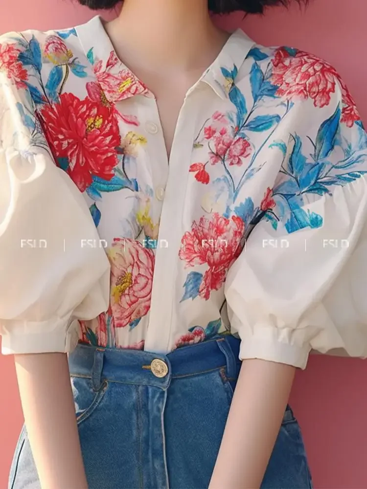 Floral Print Vintage Summer White Puff Sleeve Blusas Tops Chiffon Blouses Women Simple Gradient Short Sleeve Casual Shirts A129