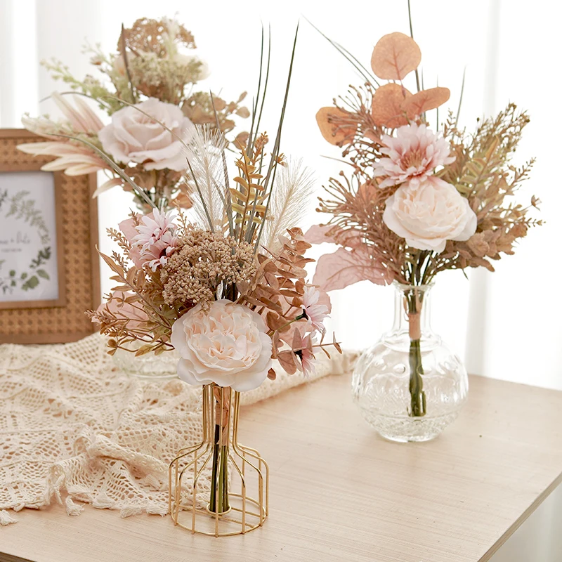 Pampas Künstliche Blumen für Hochzeit Dekorationen Mittelpunkt Pfingstrose Bouquet Champagner Großen Gefälschte Rosen Hause Tisch Zimmer DIY