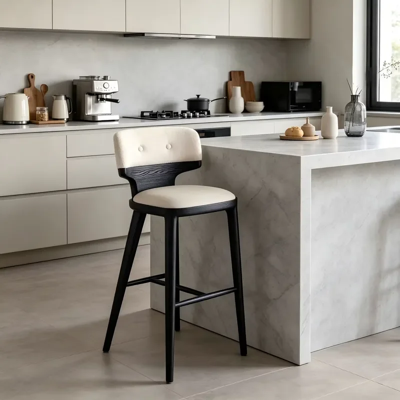 Modern Bar Stool with Curved Backrest Solid Wood Frame Lightweight Fabric Upholstered Seat Contemporary Design for Kitchen