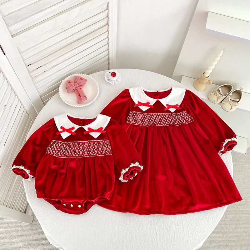 Baby Mädchen Roter Samt-Body mit Schleife Langarm Neugeborenen Party Geburtstags-Outfit Herbst Weihnachten Süßer Baby-Strampler 0-24M – Detail 19