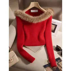 Fur Collar Stitched Knitted Sweater Pullover Women's Fall 2024 New Inner Wear Slim Fit Winter Versatile Cropped Top