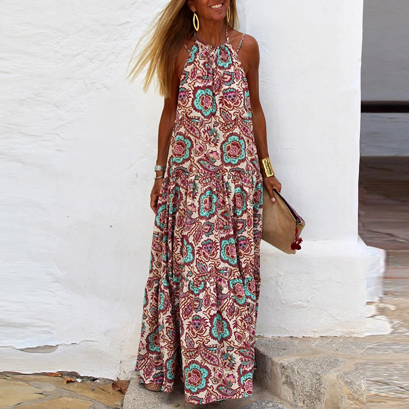 

Summer Women Beach Vacation Halter Dresses Vintage Pattern Printed Sleeveless Dresses Elegant Backless Temperament Long Dresses