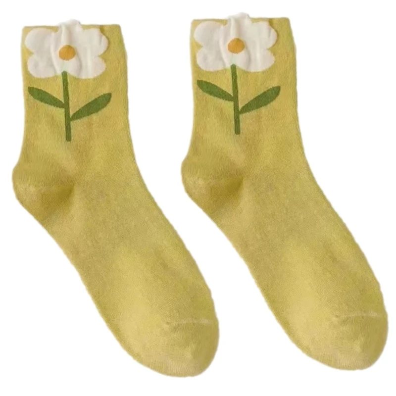 57EE Flower Pattern Socks For Female Teens Korean Hosiery Comfortable Midcalf Socks