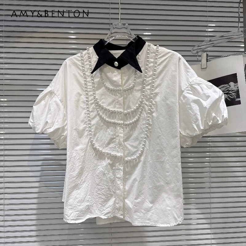 

Personalized Fashion Lapel Pearl Chain Puff Sleeve Women's Shirt 2026 Summer New Sweet Loose Versatile Temperament Shirts Ladies