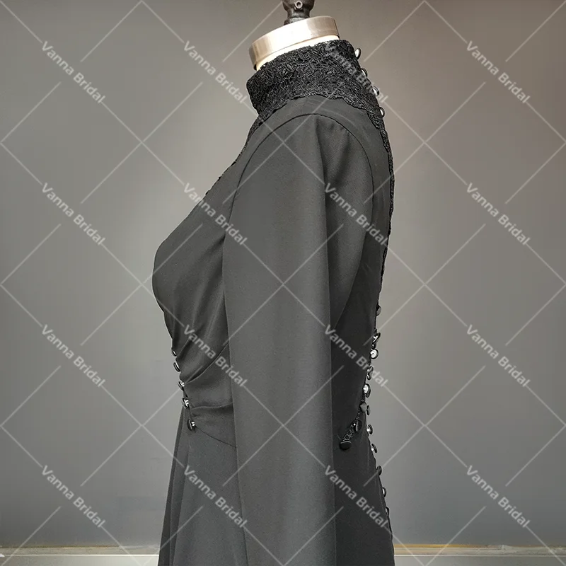 Black Lace Long Sleeves Wedding Robe Dresses High Neck A Line Buttons Custom Made Drop Ship Muslim Ruched Chiffon Bridal Gowns