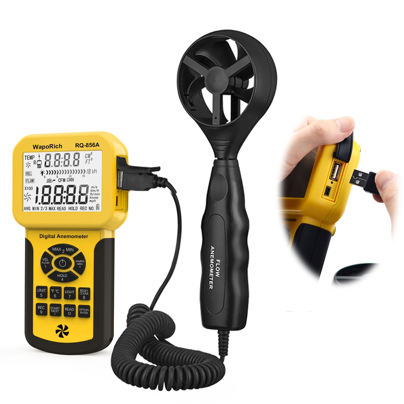 

Pro HVAC Anemometer Handheld CFM Meter Wind Speed Meter with USB Data Export to PC Max/Avg/Min Functions for Measuring Wind