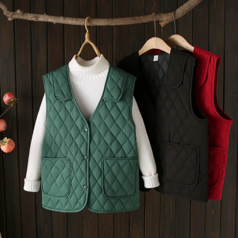 XL XXL Women Parka Autumn Winter New Casual Loose Thin Argyle cotton-padded Waistcoat 637