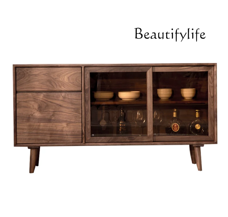 

Solid Wood Black Walnut Sideboard Cabinet Large Capacity Glass Double Door Entrance Cabinet Locker