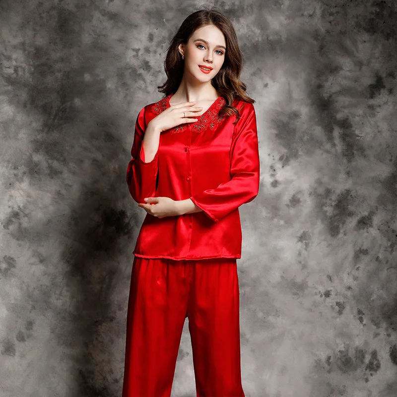 Birdtree 100%Natural Silk Sexy Pajama Set Long Sleeve Lace V-neck Satin Breathable Nightwear Summer Fall New Loungewear S30758QM