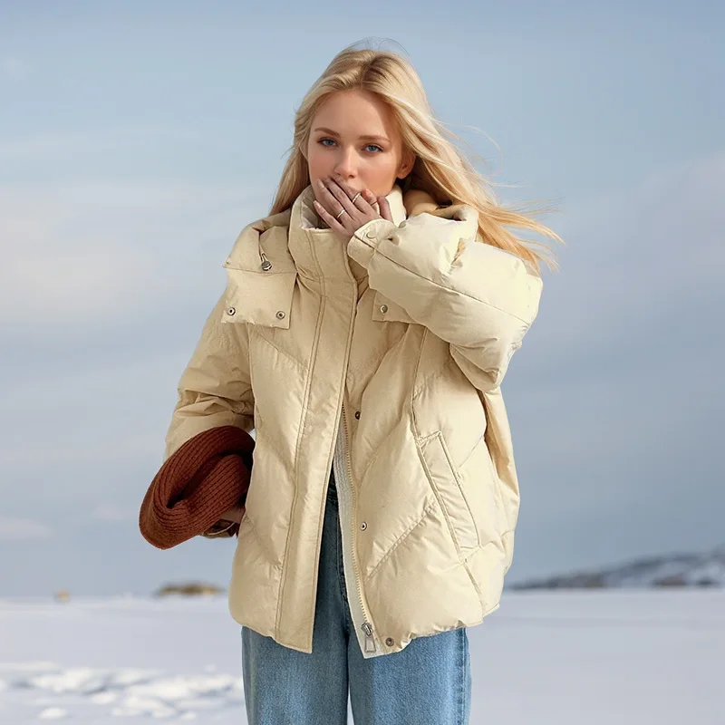

Thickened Women's Winter Quilted Jacket Solid Single Breasted Windproof Hooded Coat For Female Cropped Loose Fit Lady's Jacket