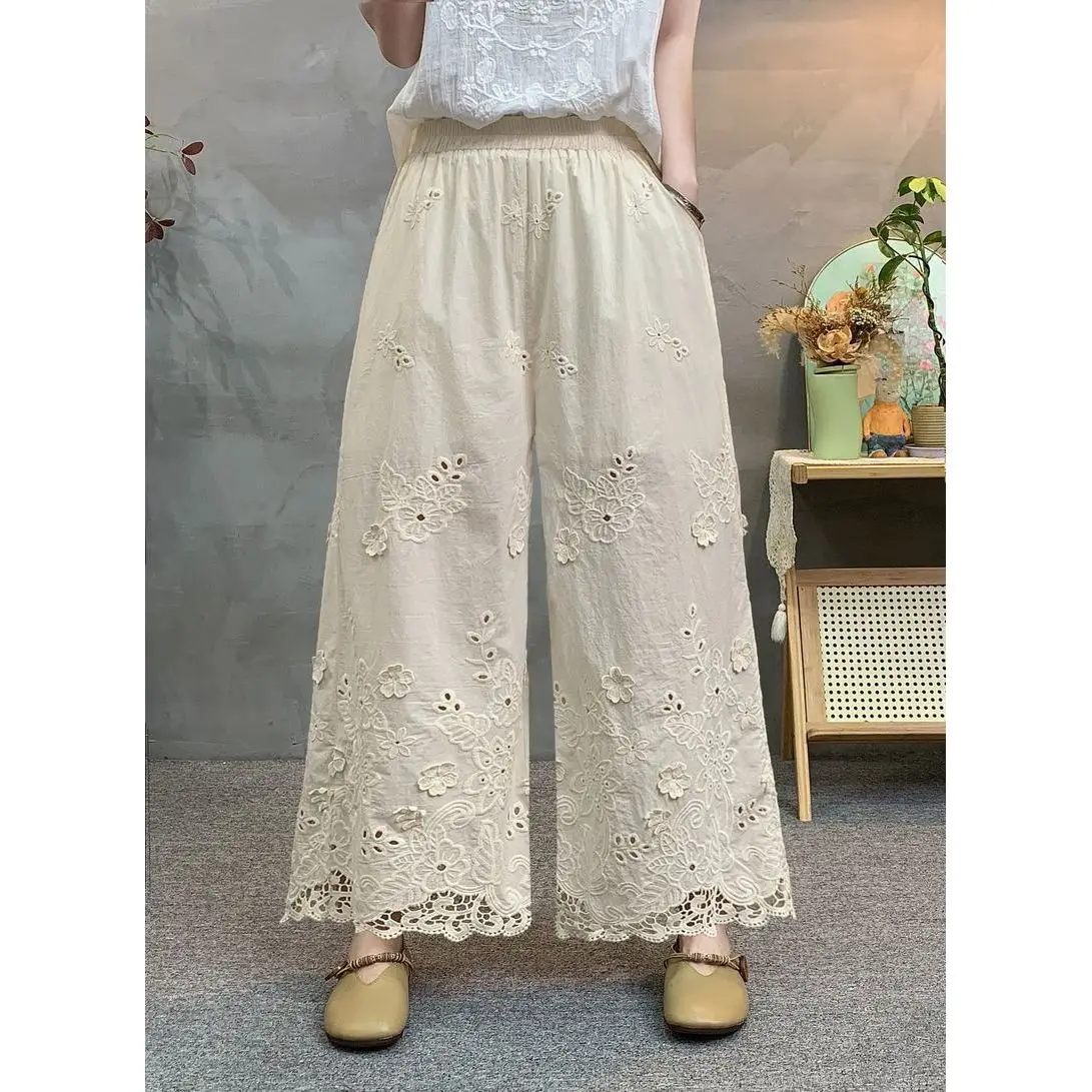 Summer 2026 Embroidered Leaf Pattern Hollow out Elastic Waist Casual Pants Women's Long Trousers Cute Style Cotton Blend