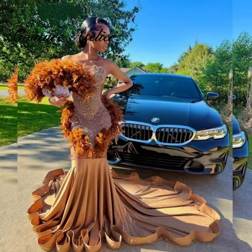 

Brown Ostrich Feather Long Prom Dress for Black Girl Luxury Silver Bead Crystal Diamond African Birthday Party Gown Customized
