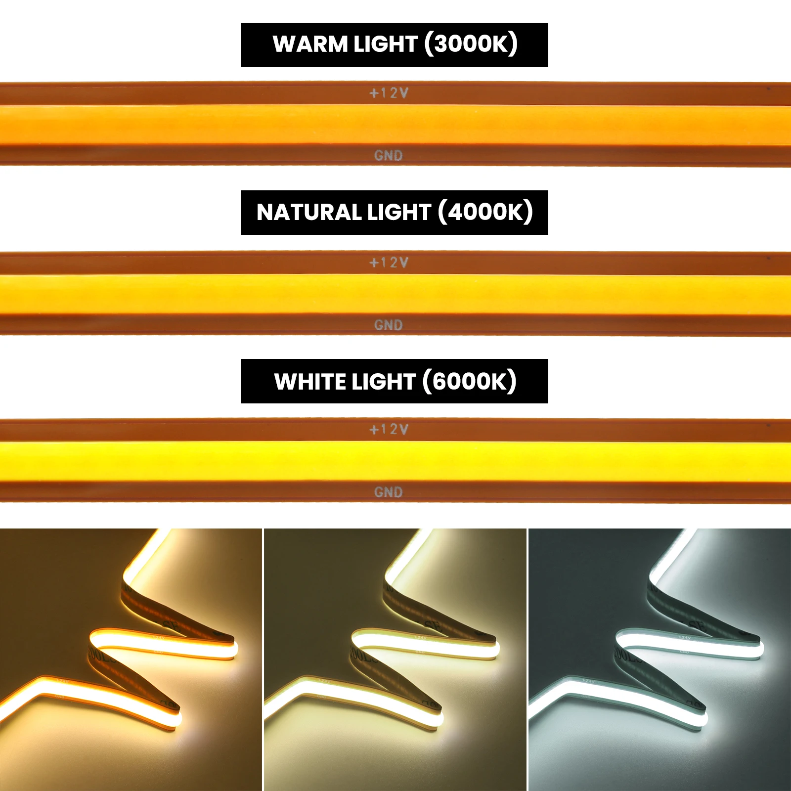 Strip LED COB 12V 24V dapat dipotong dengan bebas 528LED/m pita LED fleksibel kepadatan tinggi 8mm PCB putih Strip lampu LED untuk kotak cahaya DIY