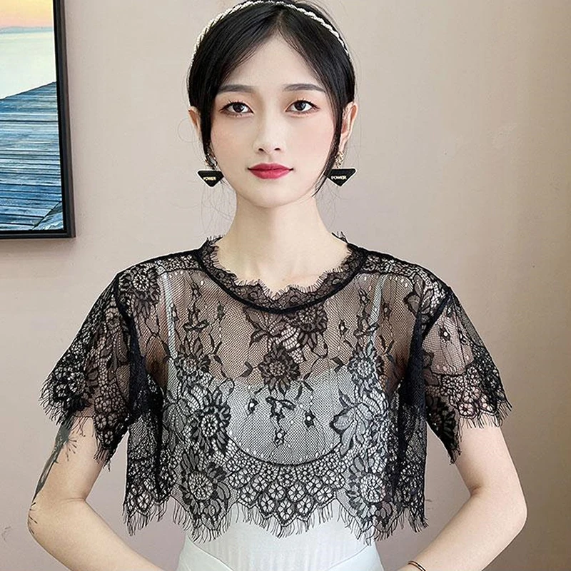 

Women Scarf Lace Fake Collar Shawl White Black Summer Sweet Crochet Sheer Floral Blouse Shoulders Scarf Cape